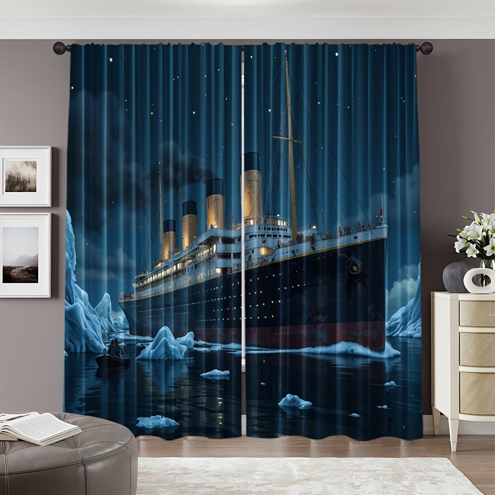 2pcs Titanic-Themed Dark Sheer Curtains – Made of Polyester with Rod Pocket Design, Perfect for Bedroom or Living Room Decor