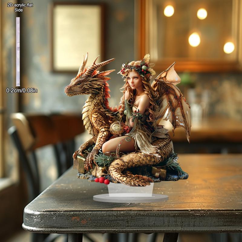 2D Flat, Magic Dragon and Elves Desktop Decoration, with Base, Suitable for wall decoration, porch, room, villa, accents Home, Hallway, or Workplace -
