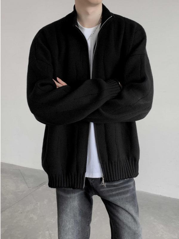 Men's Solid Color Zipper Cardigan Sweater - Autumn & Winter Loose Knit Outerwear
