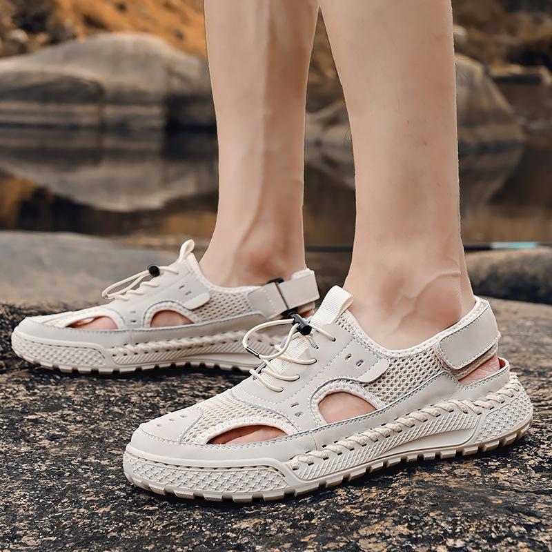Summer Sandals Men's Tide Leather Toe Cap Outdoor Leisure Sports Hollow Sandals Beach Shoes Handmade Mesh Men Shoes