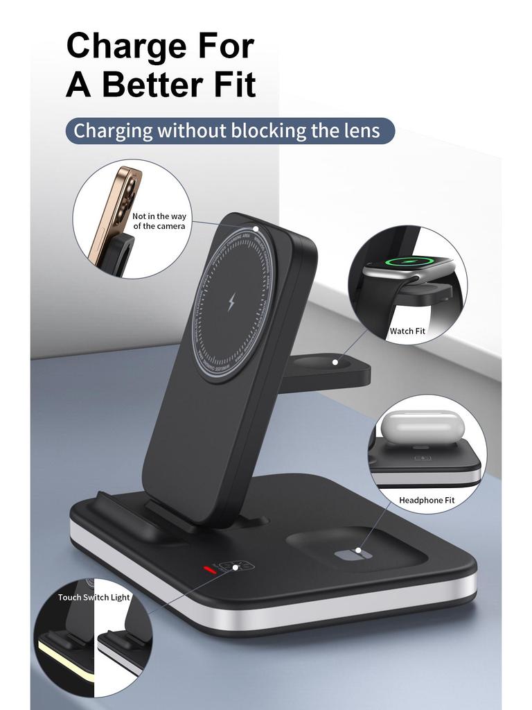 15W Foldable Magnetic Stand: 3-in-1 Wireless Charger for Phone, Watch & Earbuds