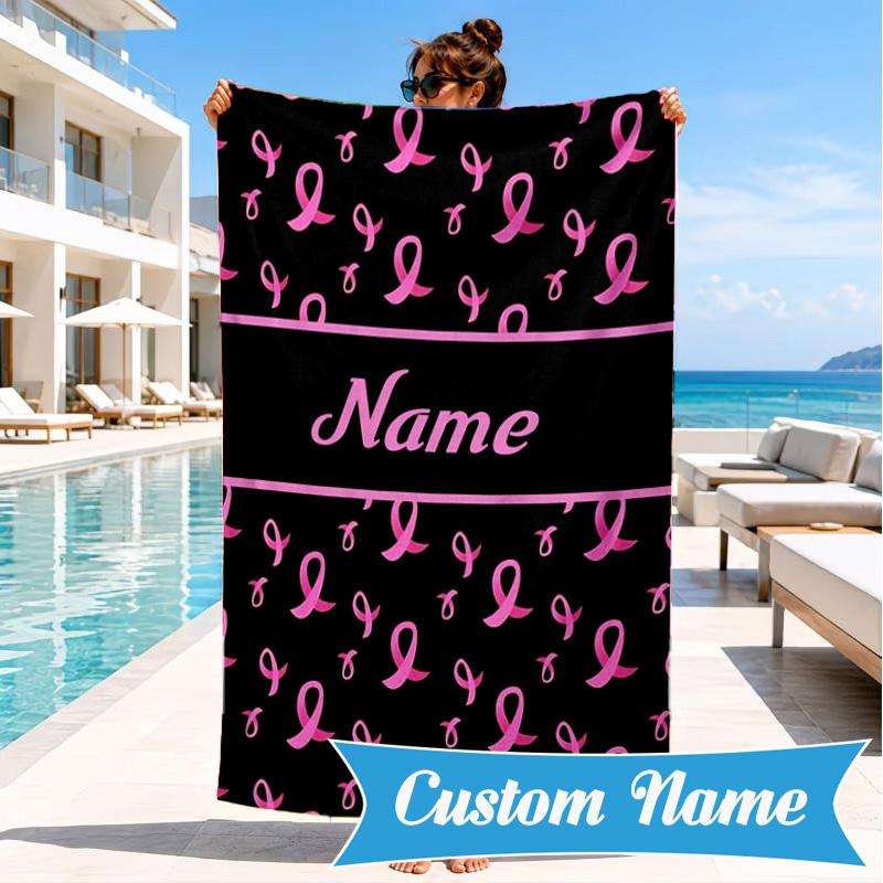 Custom Name Pink Ribbon Courage Beach Towel Microfiber Beach Towel, Lightweight and Quick-Dry, for Summer Travel, Swimming Pool Gift