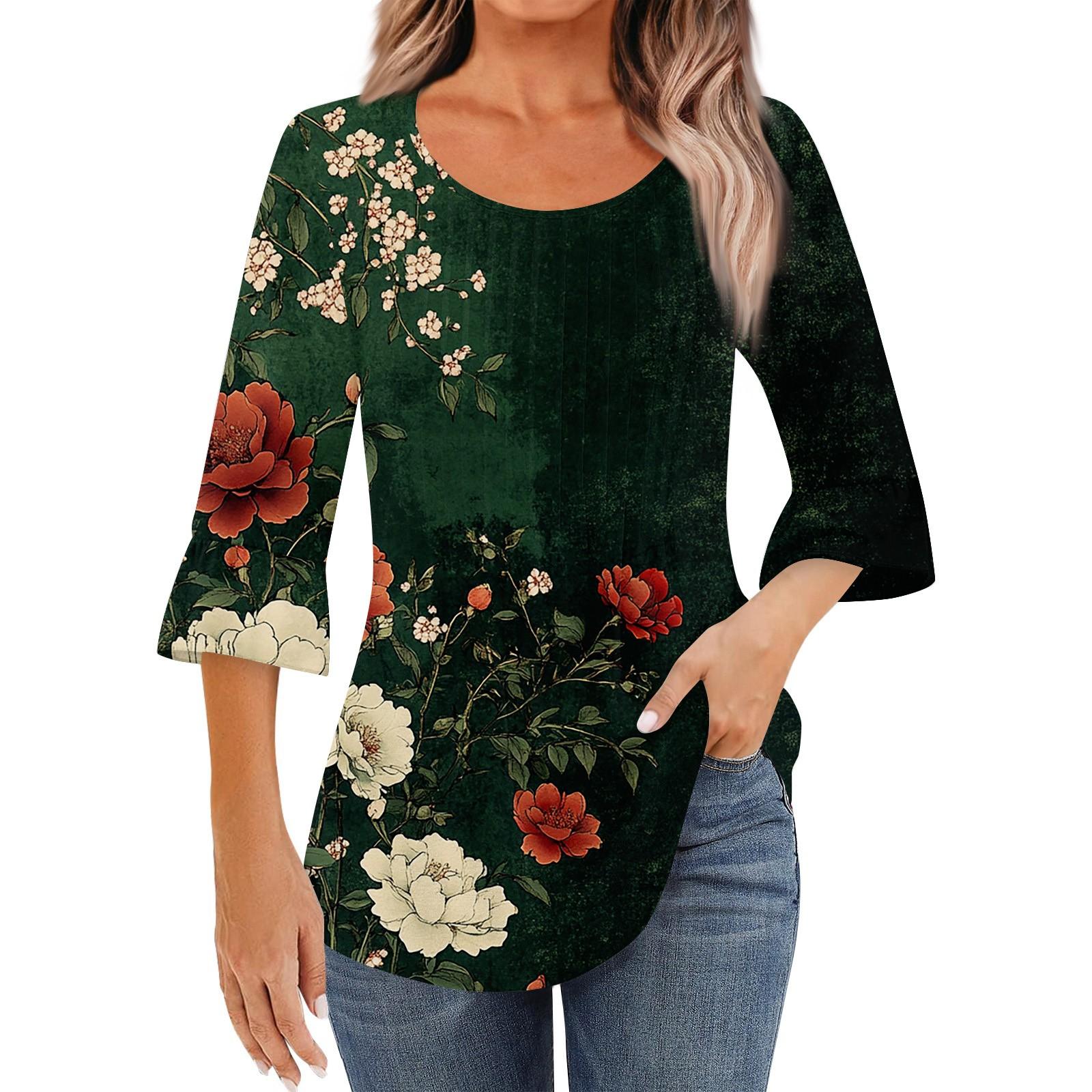 

Женская модная повседневная плиссированная футболка с круглым вырезом и цветочным принтом, рукав три четверти XL красный