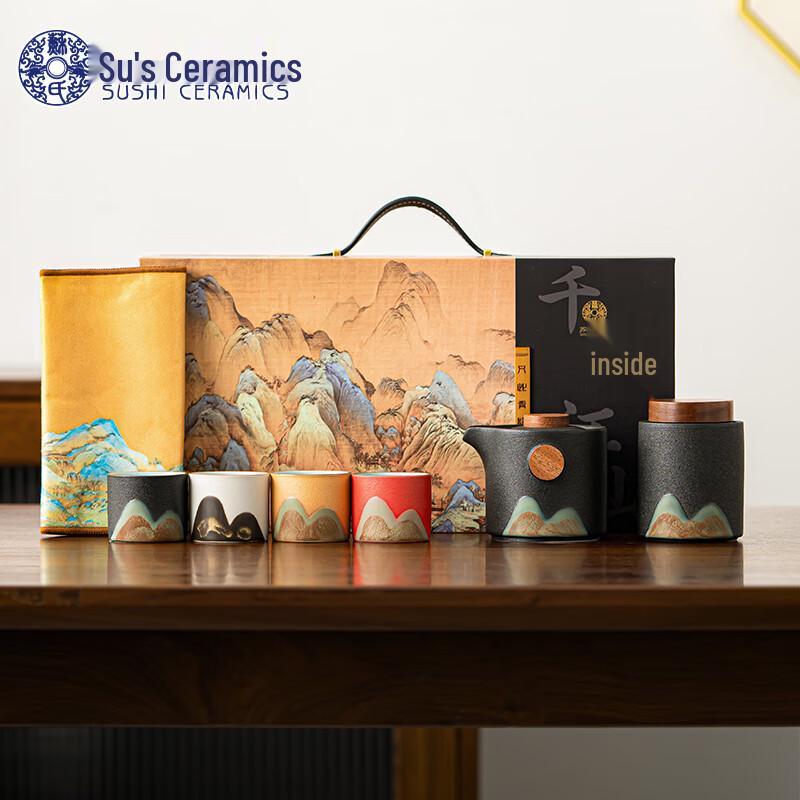 Sushih Hand-Painted Ceramic 'A Thousand Li of Rivers and Mountains' Tea Set