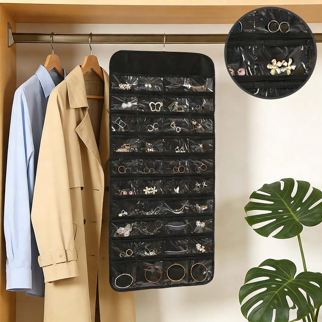 Hanging Jewelry Organizer Storage Roll With Hanger Wall Necklace Rack Display Hanging Wall/Door Metal Hook Double Sided Jewelry Rack