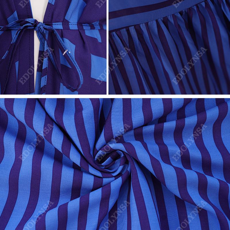 EDOLYNSA Swimsuit Coverup for Women Blue Bohemian Striped Half Sleeve Kimono Dress Plus Size Women Clothing Beach Wear Swim Suit Cover Up