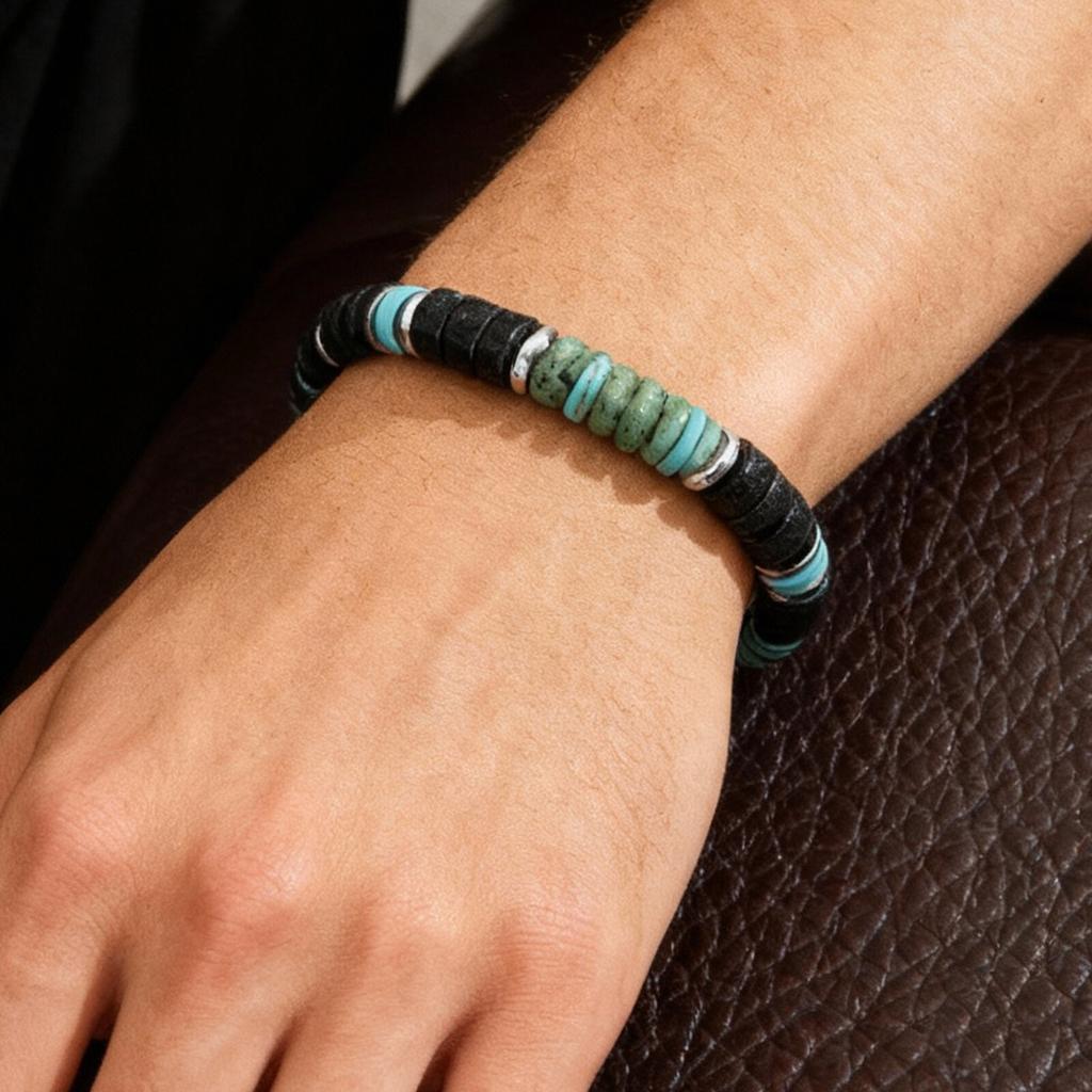 Vnox Retro Accent Stone Spacer Imitation Black Agate Beaded Bracelet with Elastic Rope, Boho Style Men's Jewelry for Party