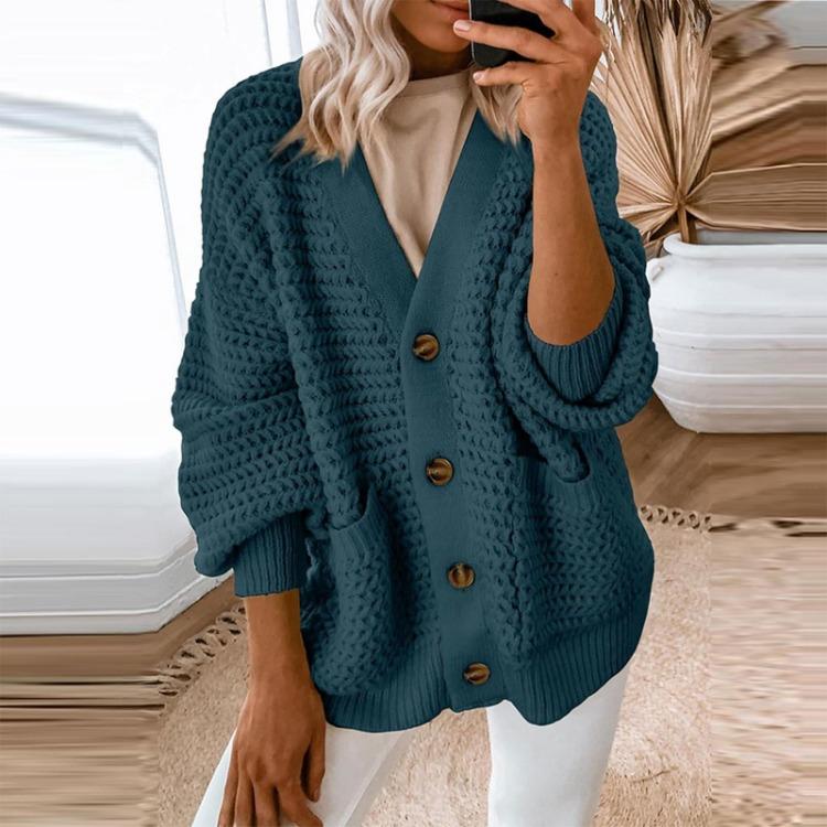Damski sweter kardigan z grubej dzianiny na co dzień z długim rękawem zapinany z przodu jednolity kolor moda