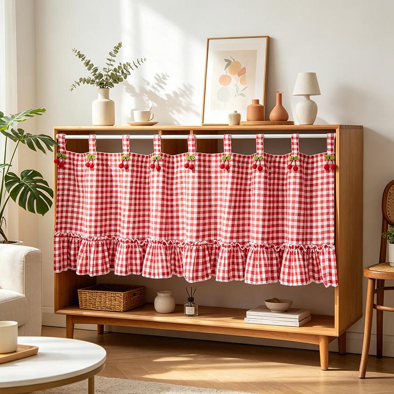 Koreels Rood Geruite Afneembare Stropdas Tape Korte Gordijn Schattige Kers Decoratie Ruches Kant Deurgordijn Voor Kamer Kast Wasmachine Tab top&1 panel