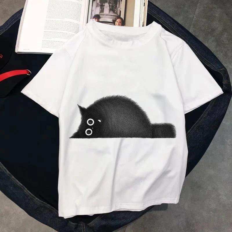 Kawaii T Shirts Women Cat New Tops Female Tshirt Loose Tshirt Summer Tee White Tshirts Round Neck Oversized T Shirt