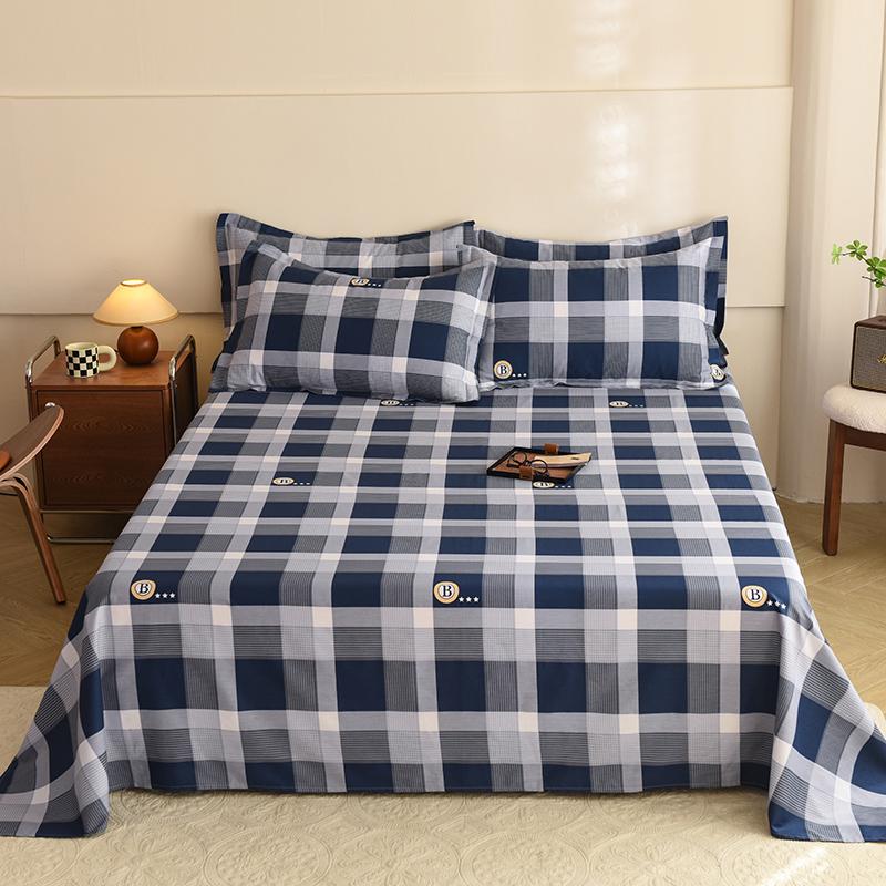 Geometric Grid Pattern Bed Sheet Set 3Pcs 100% Cotton Queen Size Bedding Set Skin-friendly Soft Bed Sheets with Pillowcases