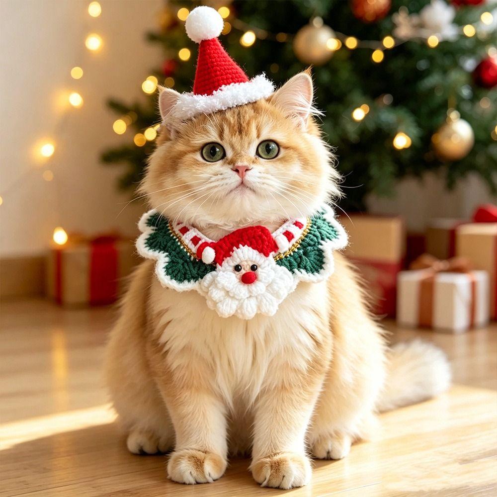Red Bowknot Christmas Pet Neckwear Yarn Pet Holiday Bib Xmas Puppy Outfit Cat Santa Hat  New Year