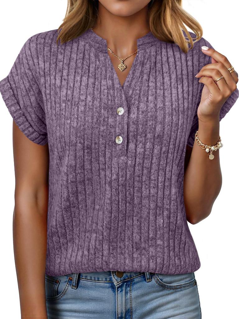 2026 Spring/Summer Casual Ribbed V-Neck Batwing Short-Sleeve Women's Top