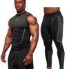 Mens Quick-Dry Compression Fitness Set Sleeveless Tank Top 9/10 Length Leggings Gym Workout Running