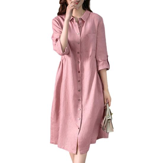 Women Shirt Dress Lapel 3/4 Sleeve High Waist Midi Dress Solid Color Loose Fit Summer Dress Office Lady Wear