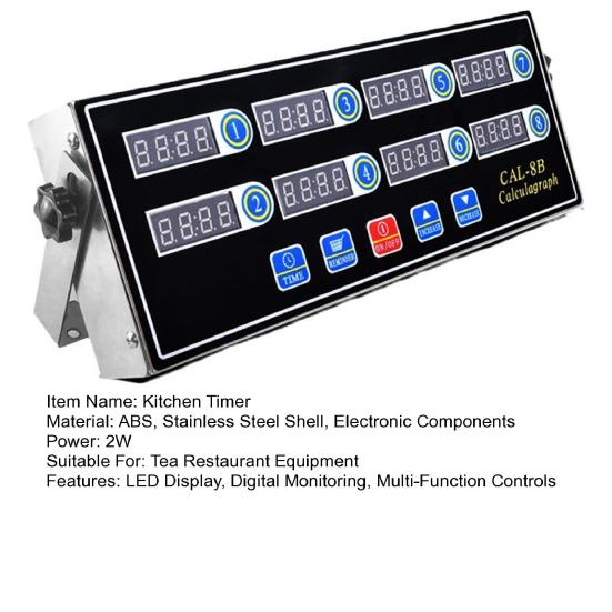 Kitchen Timer CAL-8B Calculagraph Stainless Steel Multi-Channel Digital Display Timer Adjustable Bracket Alarm with LED Interface