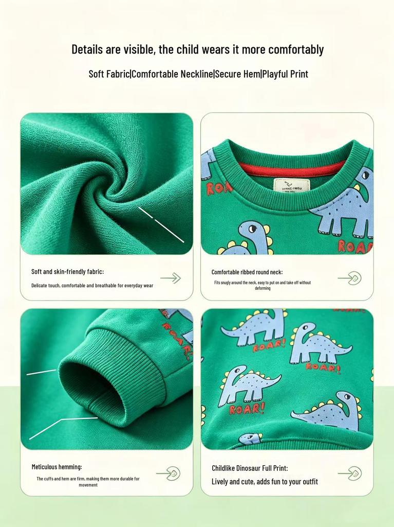 Autumn Boys' Dinosaur Hoodie - European & American Style, Round Neck Pullover, Long Sleeve Top for Small & Medium Children