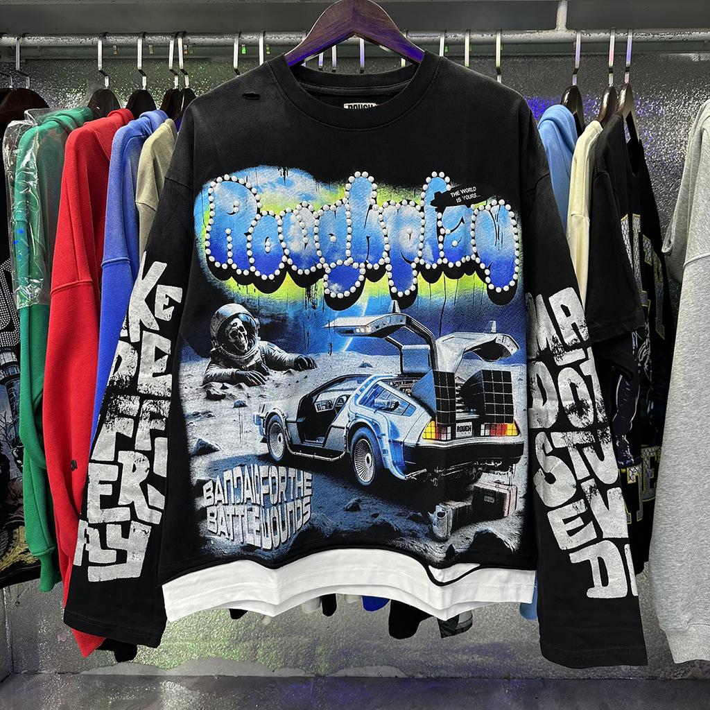 Retro Back to the Future Print Long Sleeve T-shirt Y2K Distressed Streetwear Oversized Top