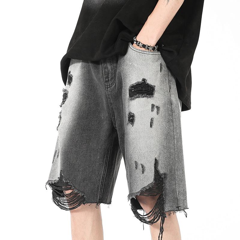 

Мужские джинсовые шорты, летние тонкие прямые капри, модный бренд для активного отдыха, потертые кисточки, свободные повседневные брюки для нищих M