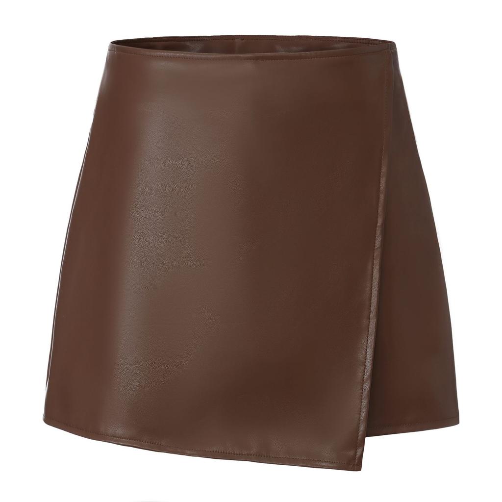 Jupe Wrap Taille Haute pour Femme Mini-Jupe Irrégulière en PU Jupe-Short Sexy en Simili-Cuir pour l'Automne