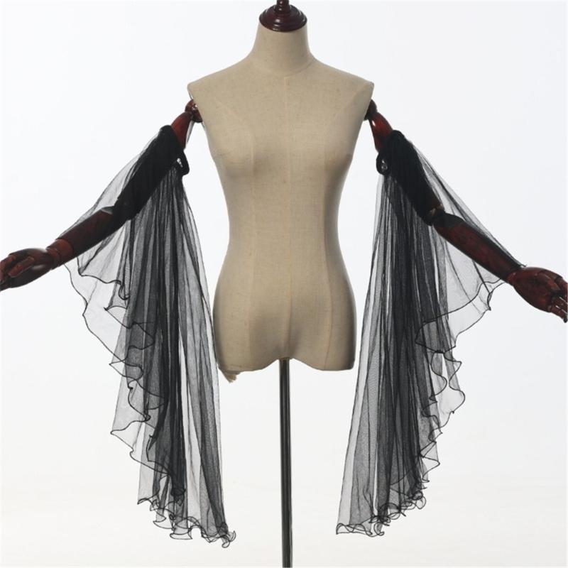 Luvas Longas de Tule Vitorianas Femininas Góticas Preto/Branco Chiffon Mangas Removíveis Vampiros Bruxa Fantasia Cosplay Presentes