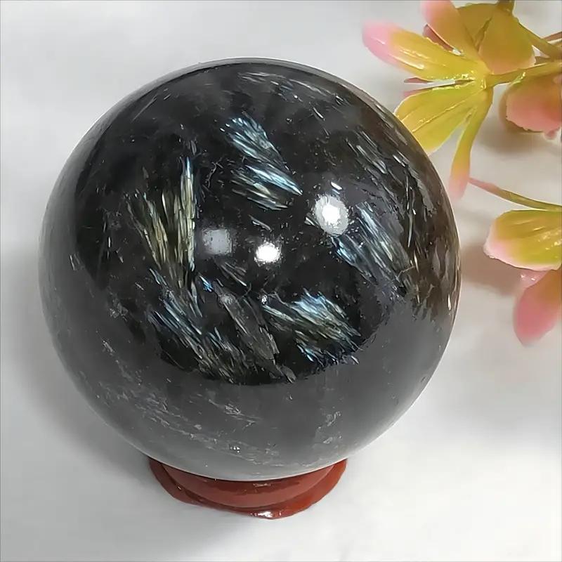 

1Pc 0.44-1.1LB Large Astrophyllite Garnet Sphere With Wood Based Stand Crystal Quartz Collection Black Firework Reiki 50-55mm