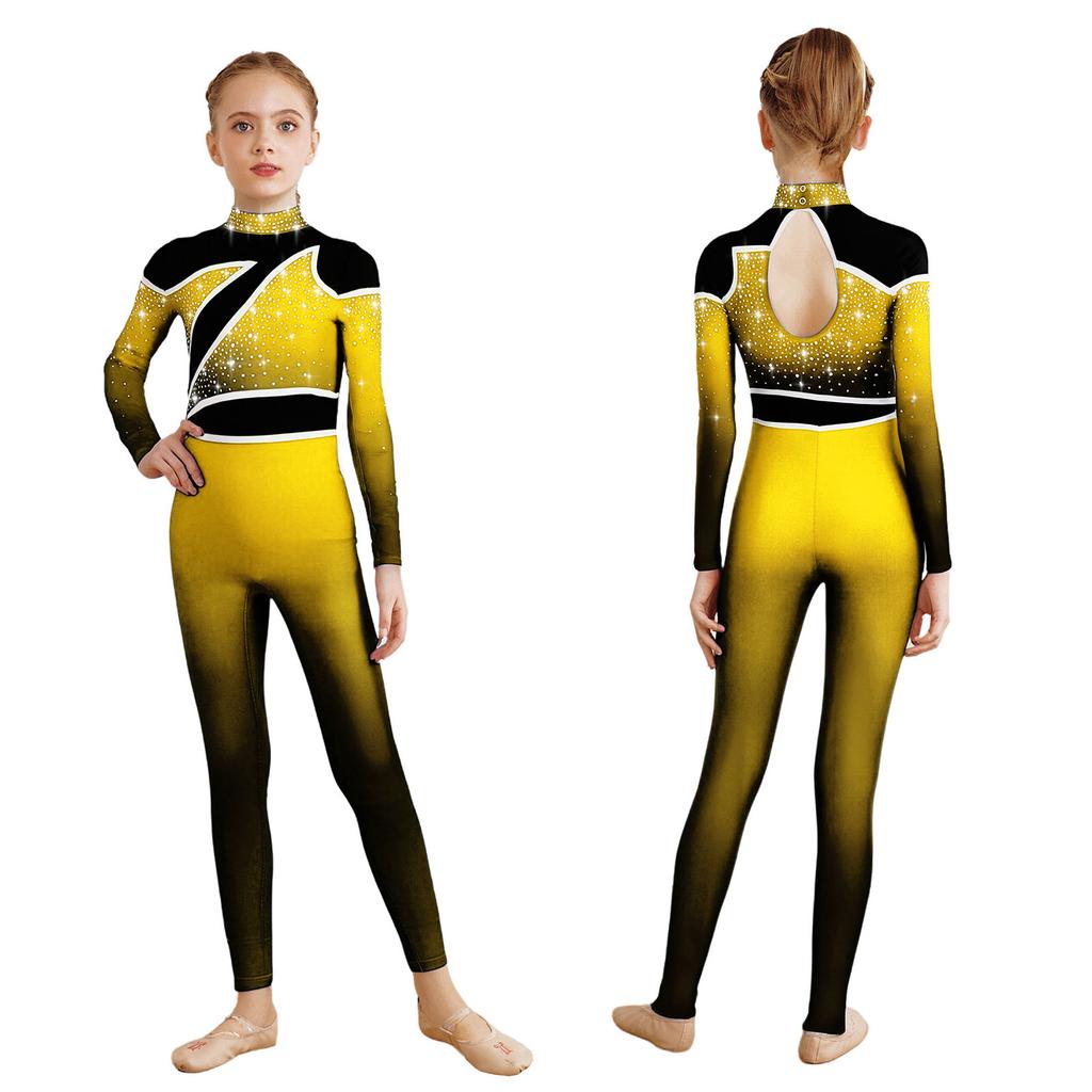 Kids Gymnastics Costume Color Block Bodysuit Mock Neck Long Sleeve Shiny Rhinestones Back