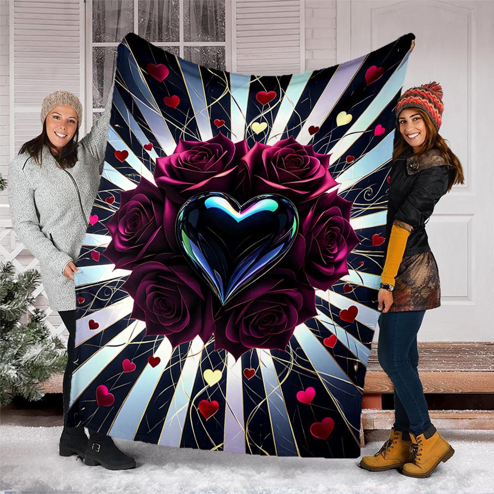 1pc Heart Roses Decorative Print Outdoor Flannel Blanket , Machine Washable Perfect Gift for Birthday , Holiday Travel Accessory , Durable Material