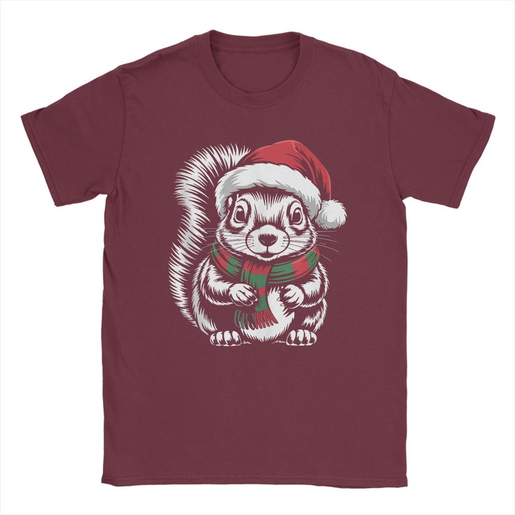 Leisure Squirrel Xmas Santa Hat Scarf Christmas T-Shirts for Men Crew Neck 100 Cotton T Shirts  Short Sleeve Tees Plus Size Tops
