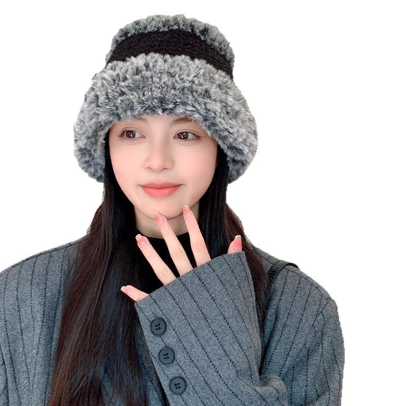Plush hat women's autumn and winter new knitted wool hat niche temperament rabbit hair bucket warm bucket hat tide
