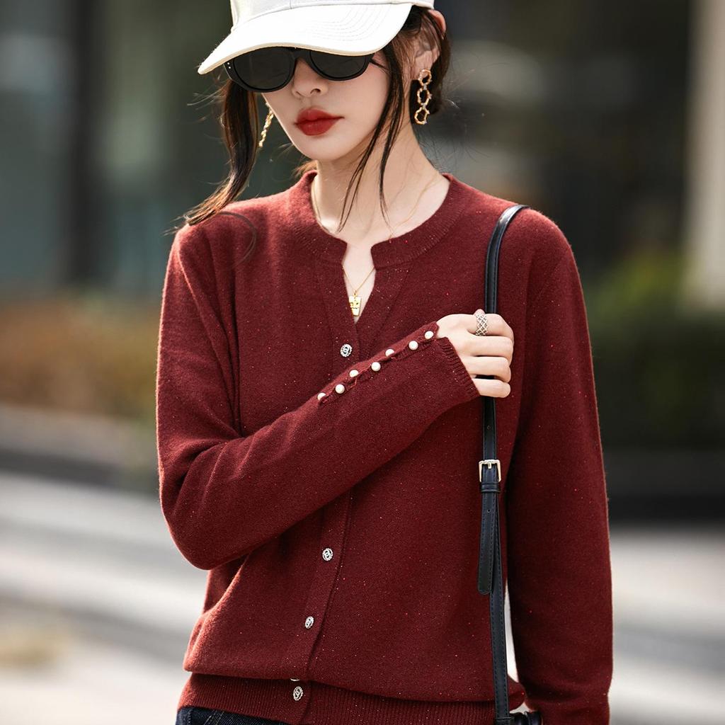 2026 Red Wool Cardigan with Sequins Lurex, Women's Long Sleeve Knit Sweater
