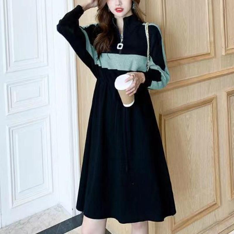 Autumn Lapel Loose Casual Patchwork Sweatshirt Dress Ladies Long Sleeve Lace Up Waist Zipper Robe Vestidos Women Dresses