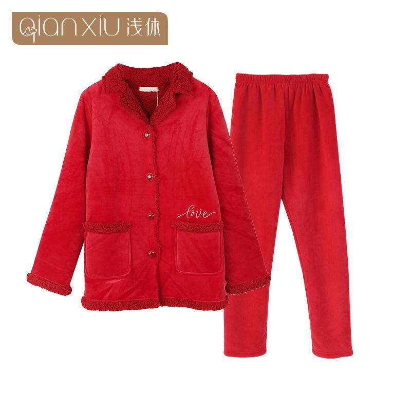 [Verschiedene Stile] Kompound-Imitations-Lammwoll-Pyjama Winter Samt Verdickt Pelz Integrierte Loungewear Hellrot