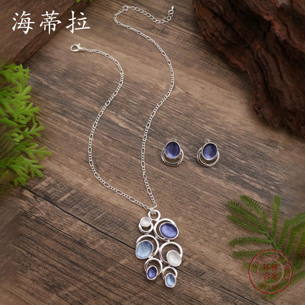 New Enamel Geometric Petal Stud Earrings Pendant Set, Women's Fashion High-end Flower Necklace
