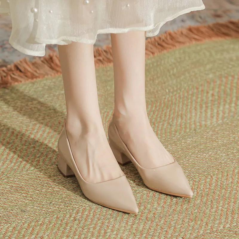 Women Pumps Pointy Chunky Heels  Summer Fashion Shallow Thick Heel Soft Sexy Patent Leather Slip on Nude Casual Party Shoes