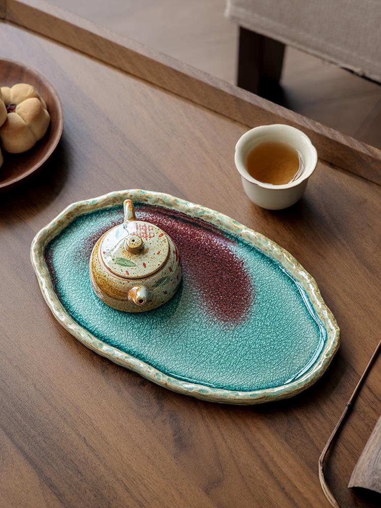 Vintage Crackle Glaze Ceramic Tea Tray Unique Shaped Teapot Stand Tea Room Dessert Plate
