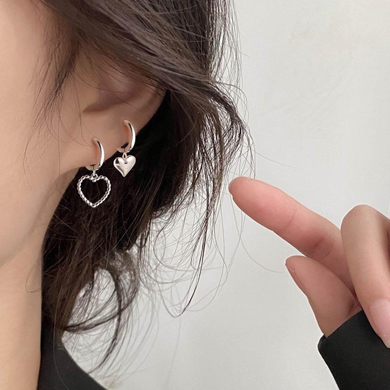 Elegant Asymmetrical Heart Earrings - 925 Silver Needle Korean Style Ear Cuff, Trendy Internet Celebrity Peach Heart Design