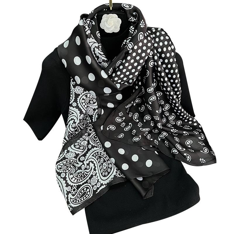 Classic vintage fashion silk scarf, black cashew polka dot, brocade long scarf, air conditioning, sunscreen, office dual-purpose shawl