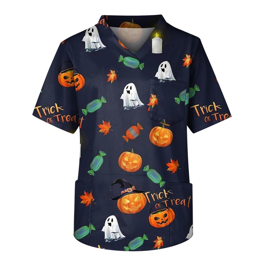 Men's Short Sleeve V Neck Halloween Print Chest Pocket Carer Top