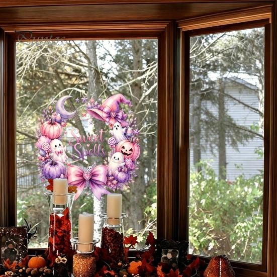 Holiday Atmosphere Window Embellishments Halloween Static Sticker, Castle/Bat/Pumpkin/Bouquet Printed, PVC Waterproof Festive Autumn Festival