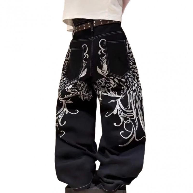 High-Waisted Wide-Leg Embroidered Denim Jeans Men Streetwear Casual Straight Fit