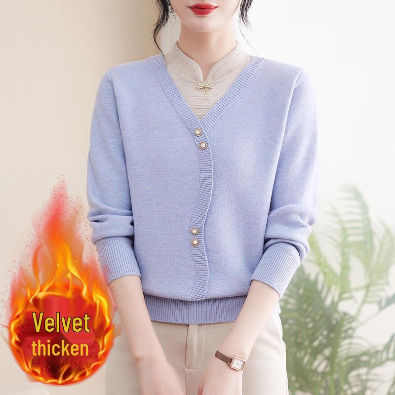 Mom's Winter Qipao-Style Two-in-One Velvet Sweater for Middle-Aged Women