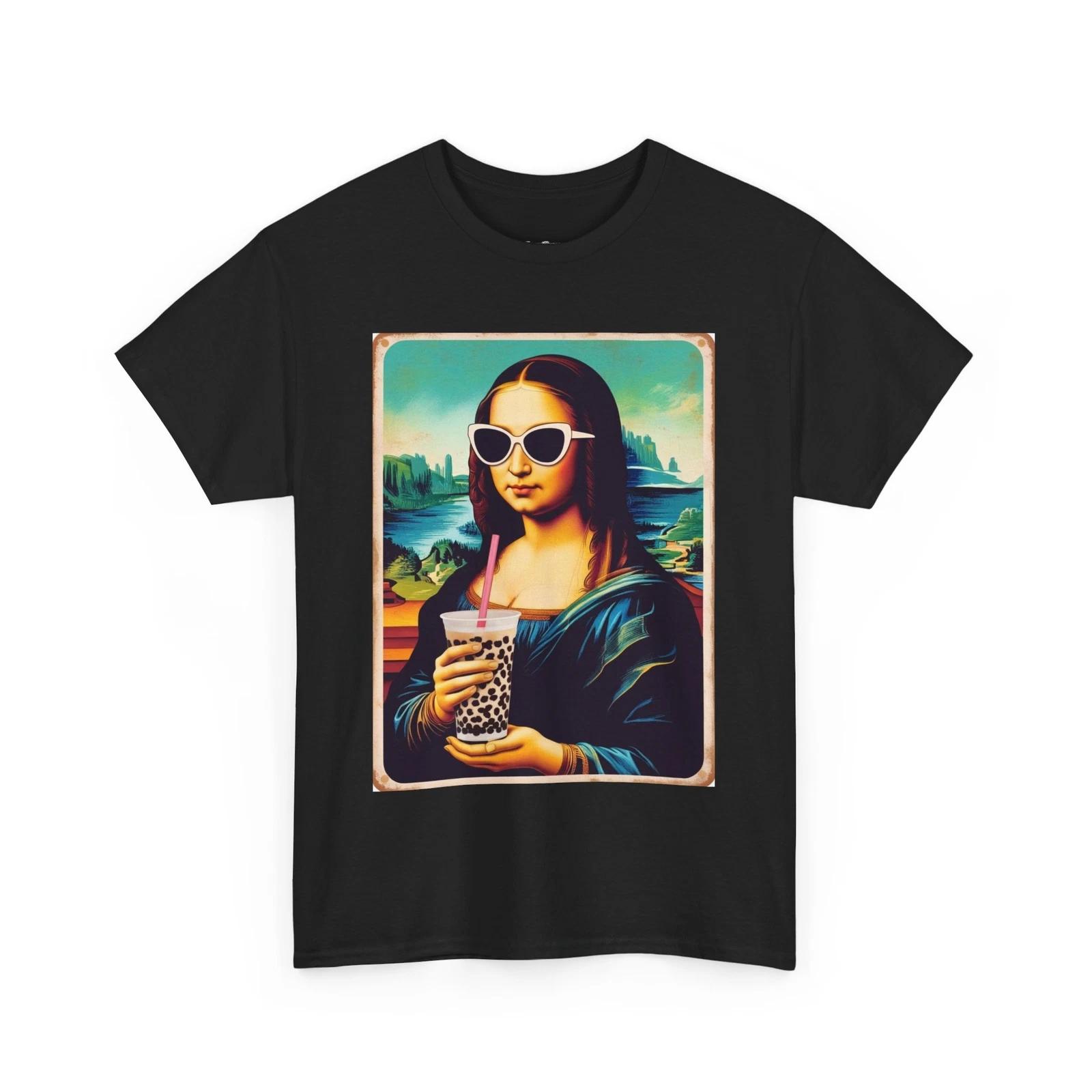 Mona Lisa Sunglasses Tee, Boba Coffee Shirt, Artistic Graphic T-shirt, Cultural 4XL