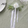 Wedding Photo Prop Decor Car Door Handle Flower with Ribbon Tie And Green Leaves, White Artificial All In One Decoration Rose Rearview Mirror Bouquet