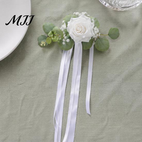 Wedding Photo Prop Decor Car Door Handle Flower with Ribbon Tie And Green Leaves, White Artificial All In One Decoration Rose Rearview Mirror Bouquet