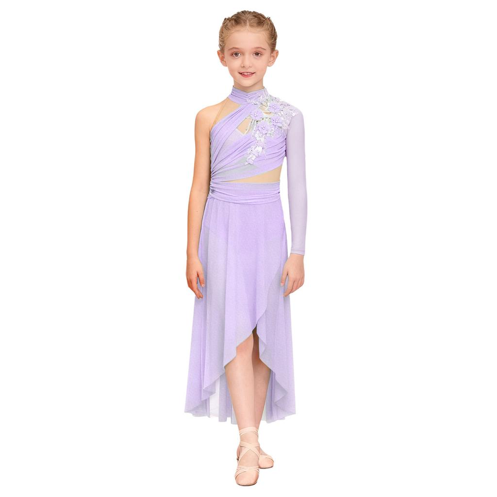 Sukienka do występu tanecznego lirycznego dla dziewczynek: Elegancka aplikacja z tyłem na klucz, rozcięciem z boku i asymetrycznym marszczonym designem z siateczki