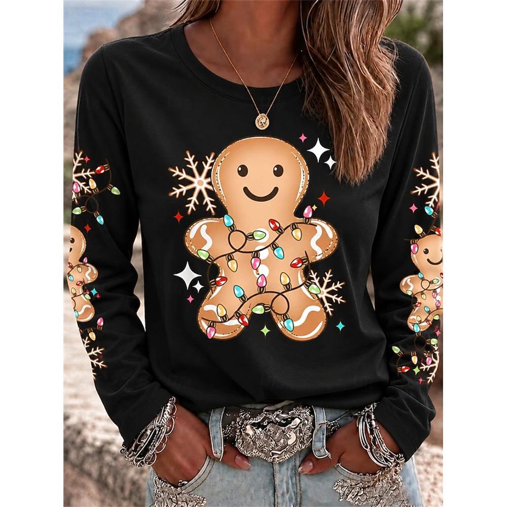 Women’s Christmas Long-Sleeve Pullover Santa Claus Snowflake Print Crew t