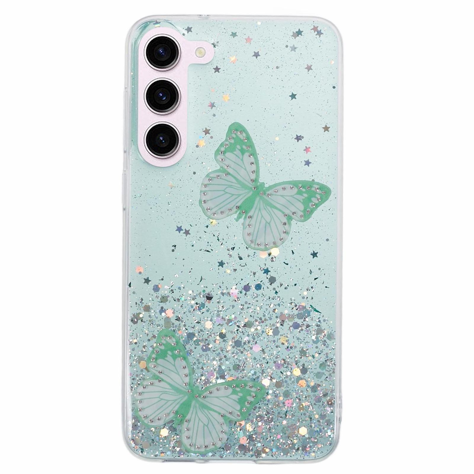 

AW Series For Samsung Galaxy S23 Sparkle Epoxy Case TPU+PVC Big Rear Lens Hole Protective Cover Green
