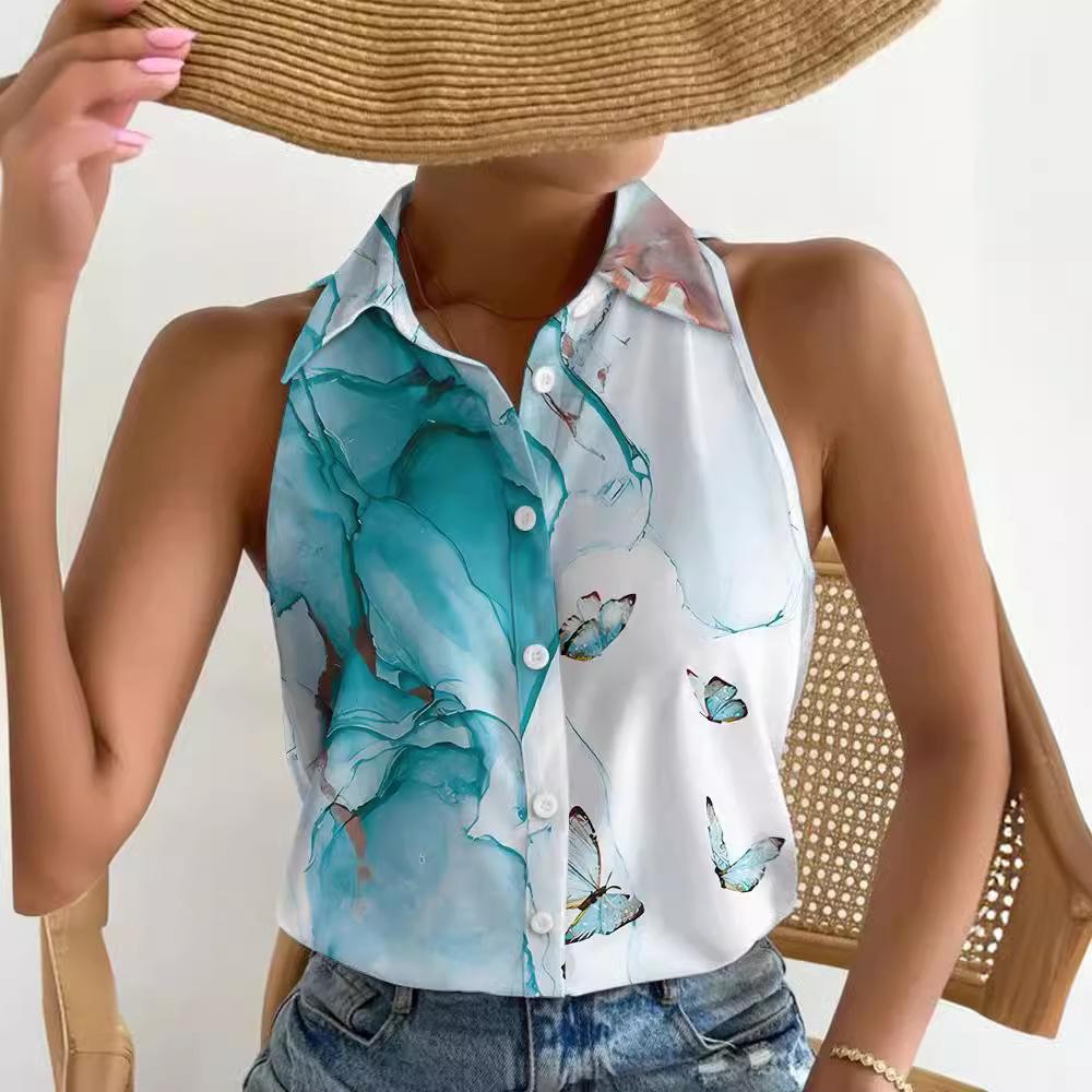 BITCED Dámská letní ležérní móda Dámská košile s abstraktním potiskem bez ramínek bez rukávů