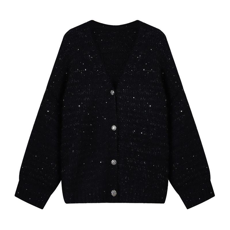 

Niche Style Heavy Embroidery Sequins V Neck Stylish Sweater Outwear Women s Autumn Retro Soft Glutinous Loose Long Sleeves Knitting Cardigan Black One size